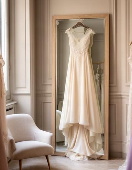 Interno elegante della boutique sposa a Roma con specchio alto, poltrona chiara e abito appeso