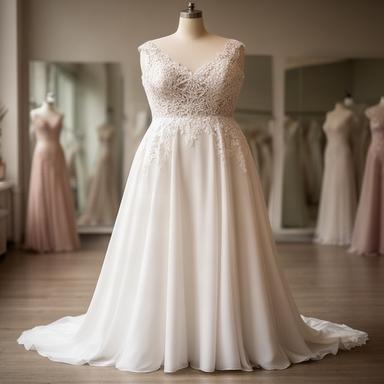 Abito da sposa plus size con pizzo sul busto e gonna morbida in atelier