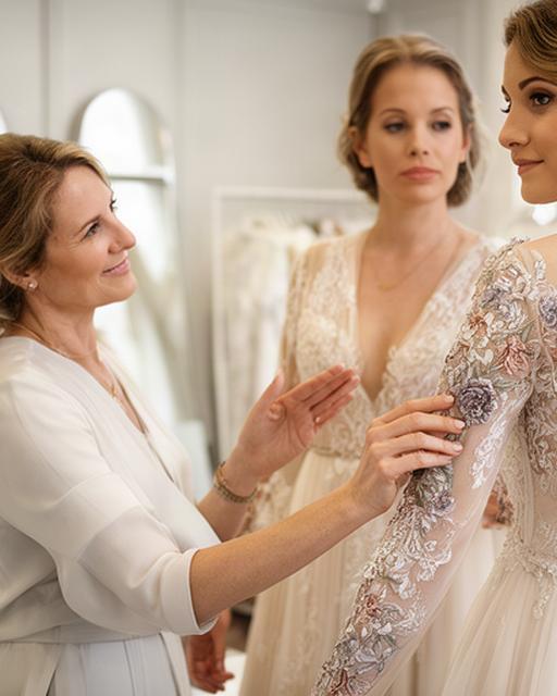 Consulente mostra un dettaglio ricamato di un abito da sposa in una sala luminosa
